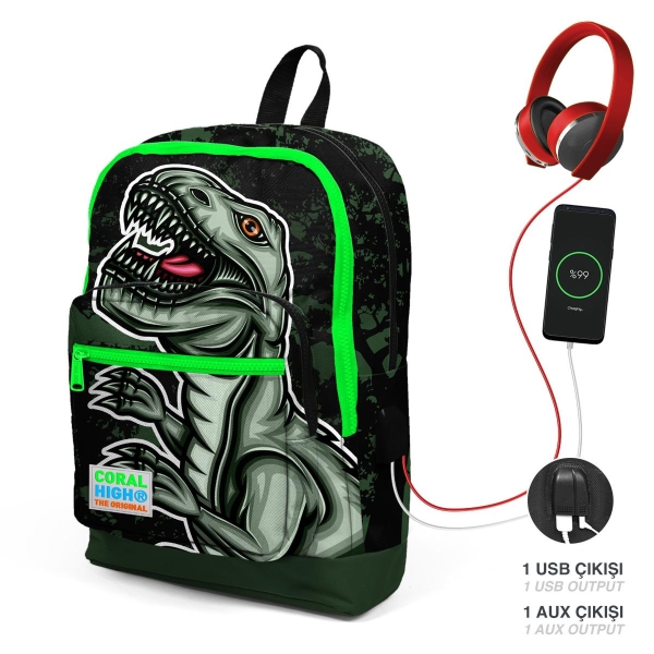 Coral High Kids Koyu Yeşil Siyah Dinozor Desenli USB'li 3’lü Okul Çanta Seti SET0123825 - 2