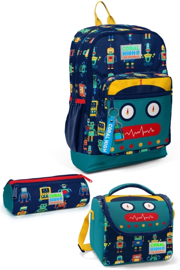 Coral High Kids Lacivert Çivit Robot Desenli 3’lü Okul Çanta Seti SET0123472 