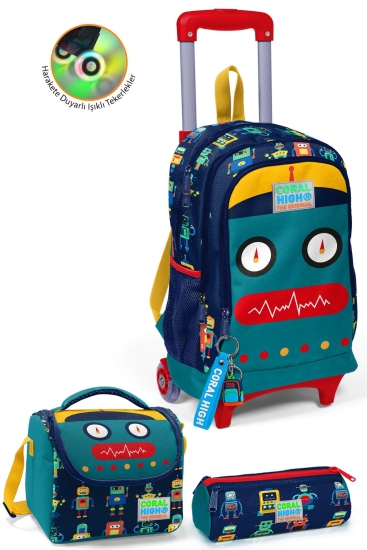 Coral High Kids Lacivert Çivit Robot Desenli Çekçekli 3'lü Çanta Seti SET0123380 - Coral High KIDS