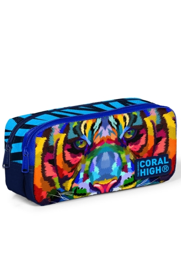 Coral High Kids Lacivert Mavi Kaplan Desenli İki Bölmeli Kalem Çantası 12056 - 1