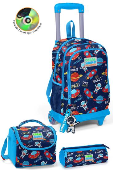 Coral High Kids Lacivert Mavi Uzay Desenli Çekçekli 3'lü Çanta Seti SET0123376 