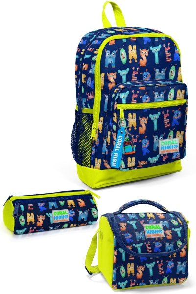 Coral High Kids Lacivert Neon Sarı Monster Desenli 3’lü Okul Çanta Seti SET0123726 - 1