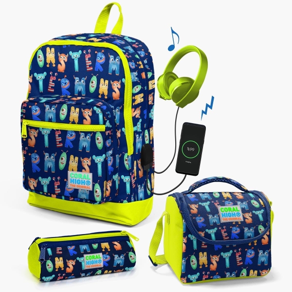 Coral High Kids Lacivert Neon Sarı Monster Desenli USB'li 3’lü Okul Çanta Seti SET0123826 - 1