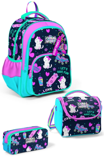 Coral High Kids Lacivert Pembe Kedili Paten Desenli 3'lü Okul Çanta Seti SET0123658 - 1