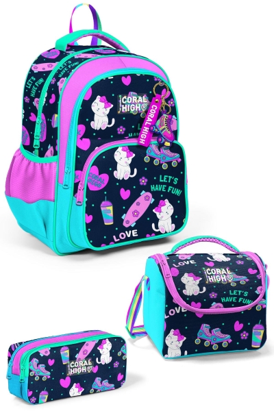 Coral High Kids Lacivert Pembe Kedili Paten Desenli 3'lü Okul Çanta Seti SET0123658 - 1