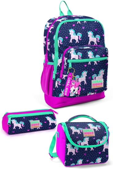 Coral High Kids Lacivert Pembe Unicorn Desenli 3’lü Okul Çanta Seti SET0123467 - Coral High KIDS