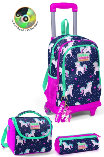 Coral High Kids Lacivert Pembe Unicorn Desenli Çekçekli 3'lü Çanta Seti SET0123366 - Coral High KIDS