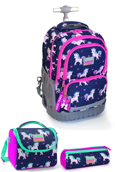 Coral High Kids Lacivert Pembe Unicorn Desenli Çekçekli 3'lü Çanta Seti SET0124023 - Coral High