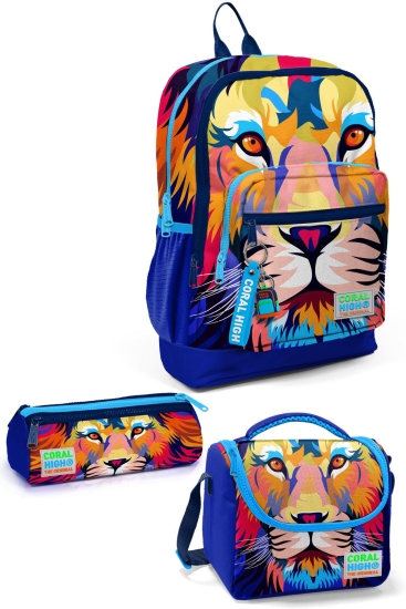 Coral High Kids Lacivert Saks Aslan Desenli 3’lü Okul Çanta Seti SET0123741 - Coral High