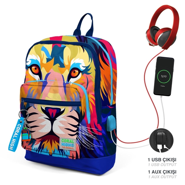 Coral High Kids Lacivert Saks Desenli Dört Bölmeli USB'li Okul Sırt Çantası 23841 - 1