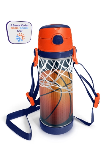 Coral High Kids Lacivert Turuncu Basketbol Desenli Pipetli Çelik Termos 500 ml 11927 - Coral High KIDS