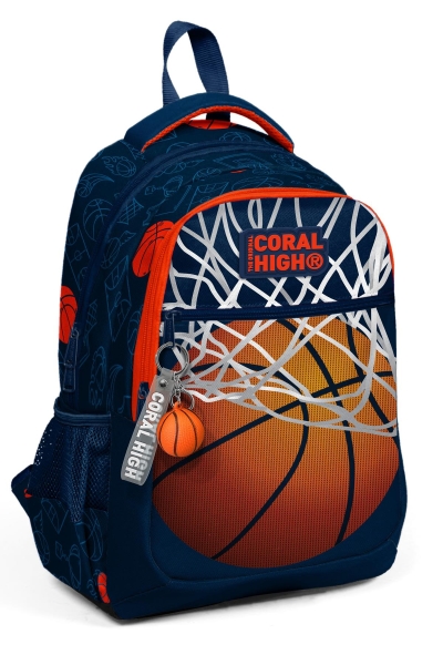 Coral High Kids Lacivert Turuncu Basketbol Desenli Üç Bölmeli Okul Sırt Çantası 23493 - 1