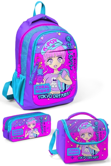 Coral High Kids Mor Pembe Mavi Simli K-Pop Desenli 3’lü Okul Çanta Seti SET0114403 