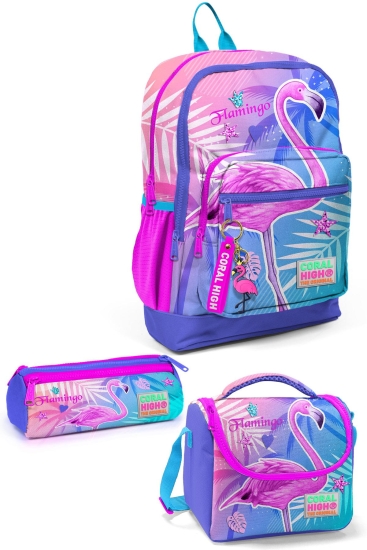 Coral High Kids Lavanta Pembe Flamingo Desenli 3’lü Okul Çanta Seti SET0123705 - Coral High KIDS