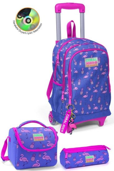 Coral High Kids Lavanta Pembe Flamingo Desenli Çekçekli 3'lü Çanta Seti SET0123132 - Coral High KIDS