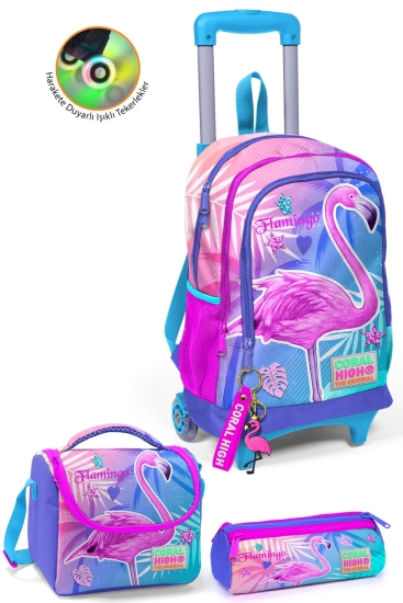 Coral High Kids Lavanta Pembe Flamingo Desenli Çekçekli 3'lü Çanta Seti SET0123905 - Coral High KIDS