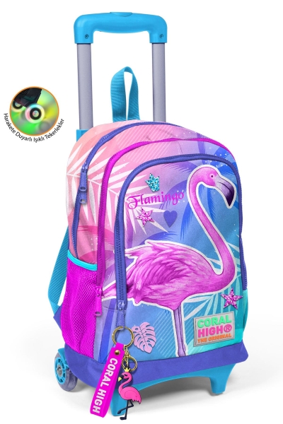 Coral High Kids Lavanta Pembe Flamingo Desenli Üç Bölmeli Çekçekli Okul Sırt Çantası 23905 - 1