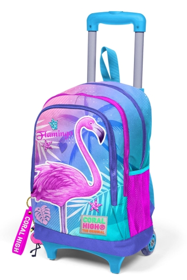 Coral High Kids Lavanta Pembe Flamingo Desenli Üç Bölmeli Çekçekli Okul Sırt Çantası 23905 - 5