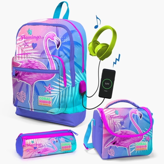 Coral High Kids Lavanta Pembe Flamingo Desenli USB'li 3’lü Okul Çanta Seti SET0123805 - Coral High KIDS