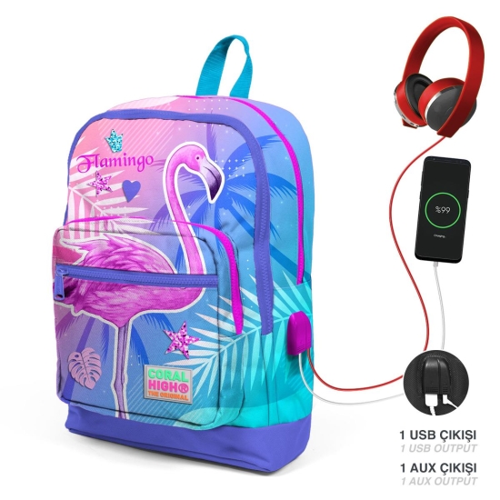 Coral High Kids Lavanta Pembe Flamingo Desenli USB'li 3’lü Okul Çanta Seti SET0123805 - 2