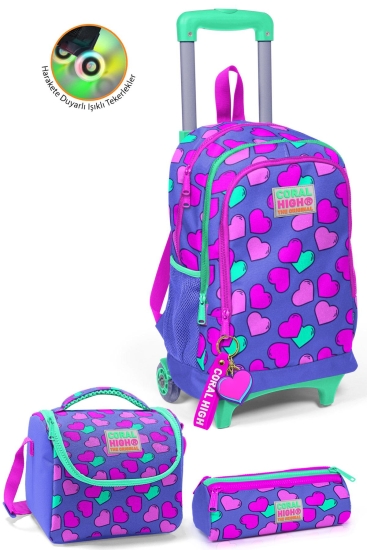 Coral High Kids Lavanta Pembe Kalp Desenli Çekçekli 3'lü Çanta Seti SET0123359 - Coral High KIDS