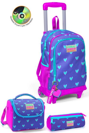 Coral High Kids Lavanta Pembe Kalp Desenli Çekçekli 3'lü Çanta Seti SET0123906 - 1