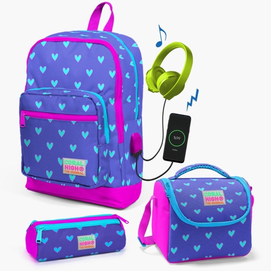 Coral High Kids Lavanta Pembe Kalp Desenli USB'li 3’lü Okul Çanta Seti SET0123806 - Coral High KIDS