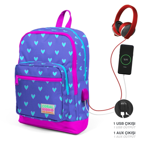 Coral High Kids Lavanta Pembe Kalp Desenli USB'li 3’lü Okul Çanta Seti SET0123806 - 2