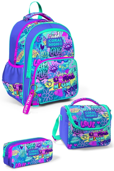 Coral High Kids Lavanta Su Yeşili Grafiti Desenli 3'lü Okul Çanta Seti SET0114414 - 1