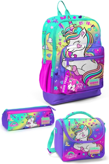 Coral High Kids Lavanta Su Yeşili Unicorn Desenli 3’lü Okul Çanta Seti SET0123729 - Coral High