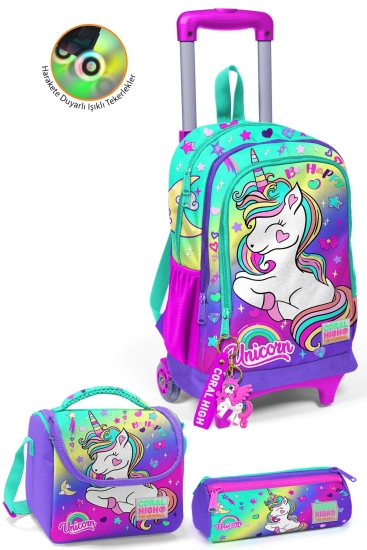 Coral High Kids Lavanta Su Yeşili Unicorn Desenli Çekçekli 3'lü Çanta Seti SET0123929 - Coral High KIDS