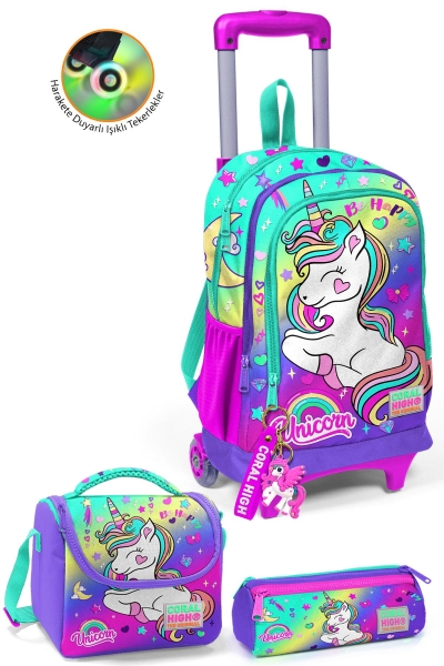 Coral High Kids Lavanta Su Yeşili Unicorn Desenli Çekçekli 3'lü Çanta Seti SET0123929 - 1