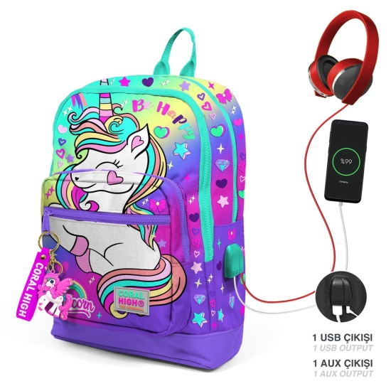 Coral High Kids Lavanta Su Yeşili Unicorn Desenli Dört Bölmeli USB'li Okul Sırt Çantası 23829 - Coral High KIDS