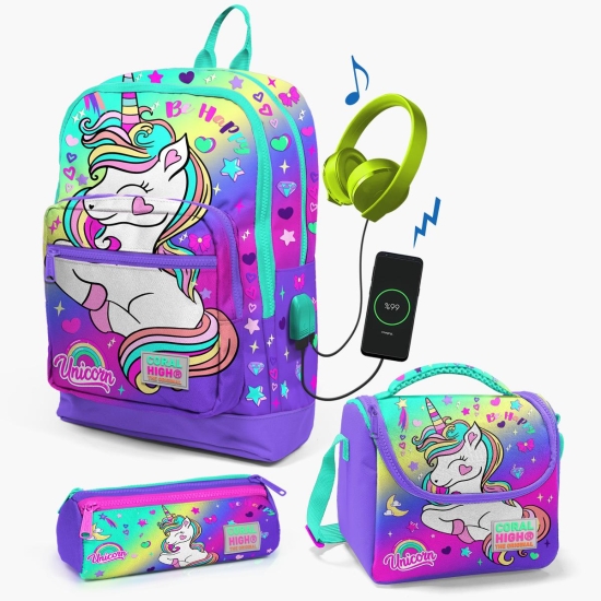 Coral High Kids Lavanta Su Yeşili Unicorn Desenli USB'li 3’lü Okul Çanta Seti SET0123829 - Coral High KIDS