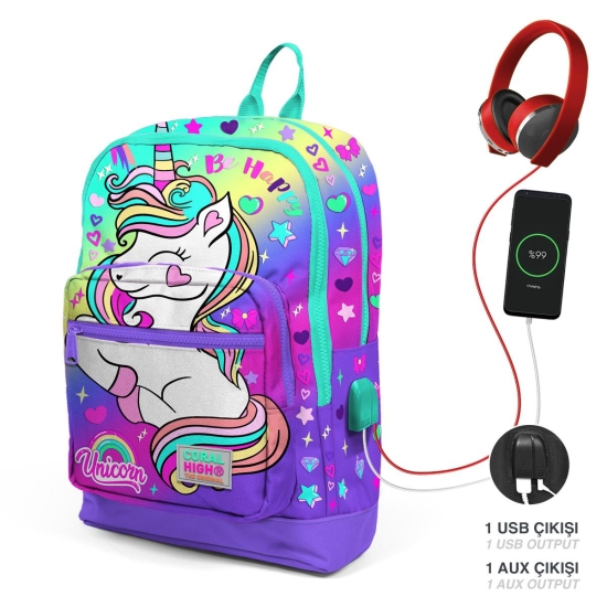 Coral High Kids Lavanta Su Yeşili Unicorn Desenli USB'li 3’lü Okul Çanta Seti SET0123829 - 2