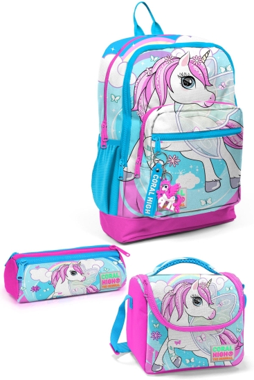 Coral High Kids Mavi Neon Pembe Unicorn Desenli 3’lü Okul Çanta Seti SET0123711 - Coral High KIDS