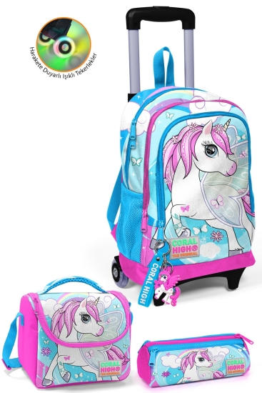 Coral High Kids Mavi Neon Pembe Unicorn Desenli Çekçekli 3'lü Çanta Seti SET0123911 - Coral High KIDS