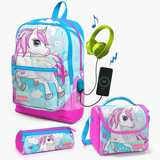 Coral High Kids Mavi Neon Pembe Unicorn Desenli USB'li 3’lü Okul Çanta Seti SET0123811 - Coral High KIDS