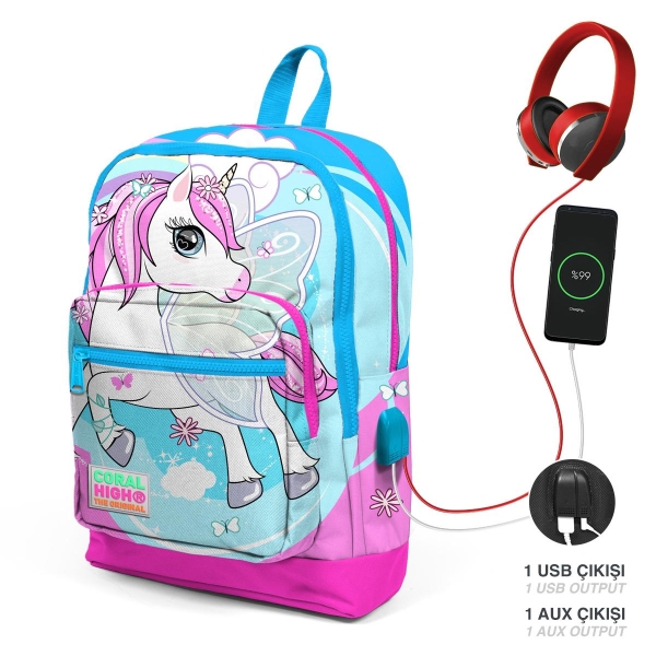 Coral High Kids Mavi Neon Pembe Unicorn Desenli USB'li 3’lü Okul Çanta Seti SET0123811 - 2