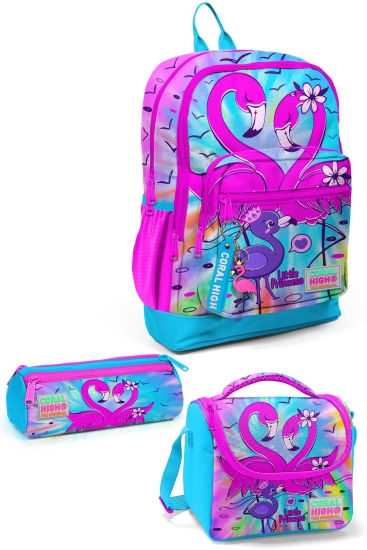 Coral High Kids Mavi Pembe Flamingo Desenli 3’lü Okul Çanta Seti SET0123730 - Coral High