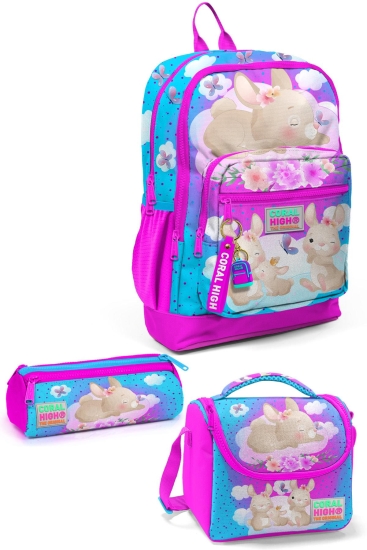 Coral High Kids Mavi Pembe Tavşan Desenli 3’lü Okul Çanta Seti SET0123736 - Coral High