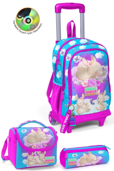 Coral High Kids Mavi Pembe Tavşan Desenli Çekçekli 3'lü Çanta Seti SET0123936 - Coral High KIDS