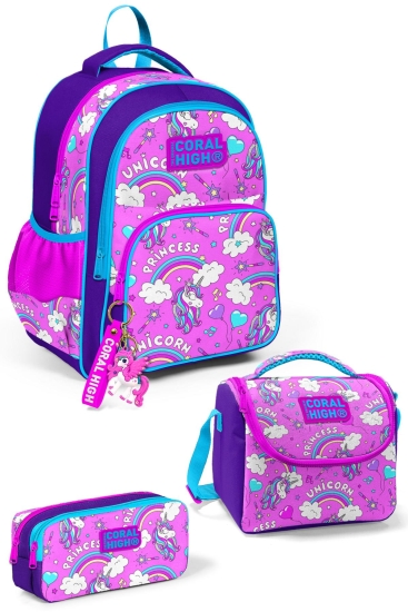 Coral High Kids Mor Açık Pembe Unicorn Desenli 3'lü Okul Çanta Seti SET0123404 - Coral High KIDS