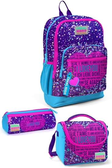 Coral High Kids Mor Mavi Pembe Kalp Desenli 3’lü Okul Çanta Seti SET0123740 - Coral High