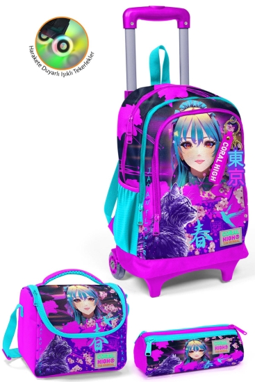 Coral High Kids Mor Pembe Anime Kedi Desenli Üç Bölmeli Çekçekli 3'lü Çanta Seti SET0123953 - 1