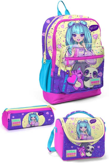 Coral High Kids Mor Pembe Anime Kız Desenli 3’lü Okul Çanta Seti SET0123735 - Coral High