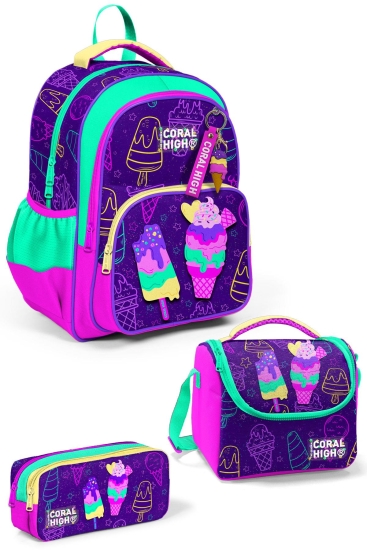 Coral High Kids Mor Pembe Dondurma Desenli 3’lü Okul Çanta Seti SET0123655 - 1