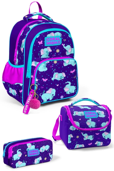 Coral High Kids Mor Pembe Fil Desenli 3'lü Okul Çanta Seti SET0114411 