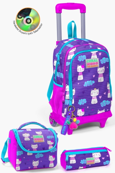 Coral High Kids Mor Pembe Kedi Desenli Çekçekli 3'lü Çanta Seti SET0123360 - Coral High KIDS