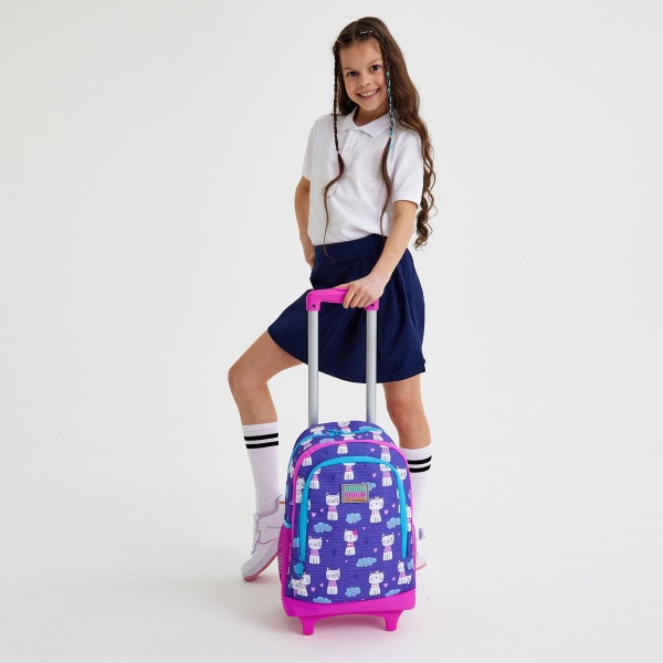 Coral High Kids Mor Pembe Kedi Desenli Çekçekli 3'lü Çanta Seti SET0123360 - 2